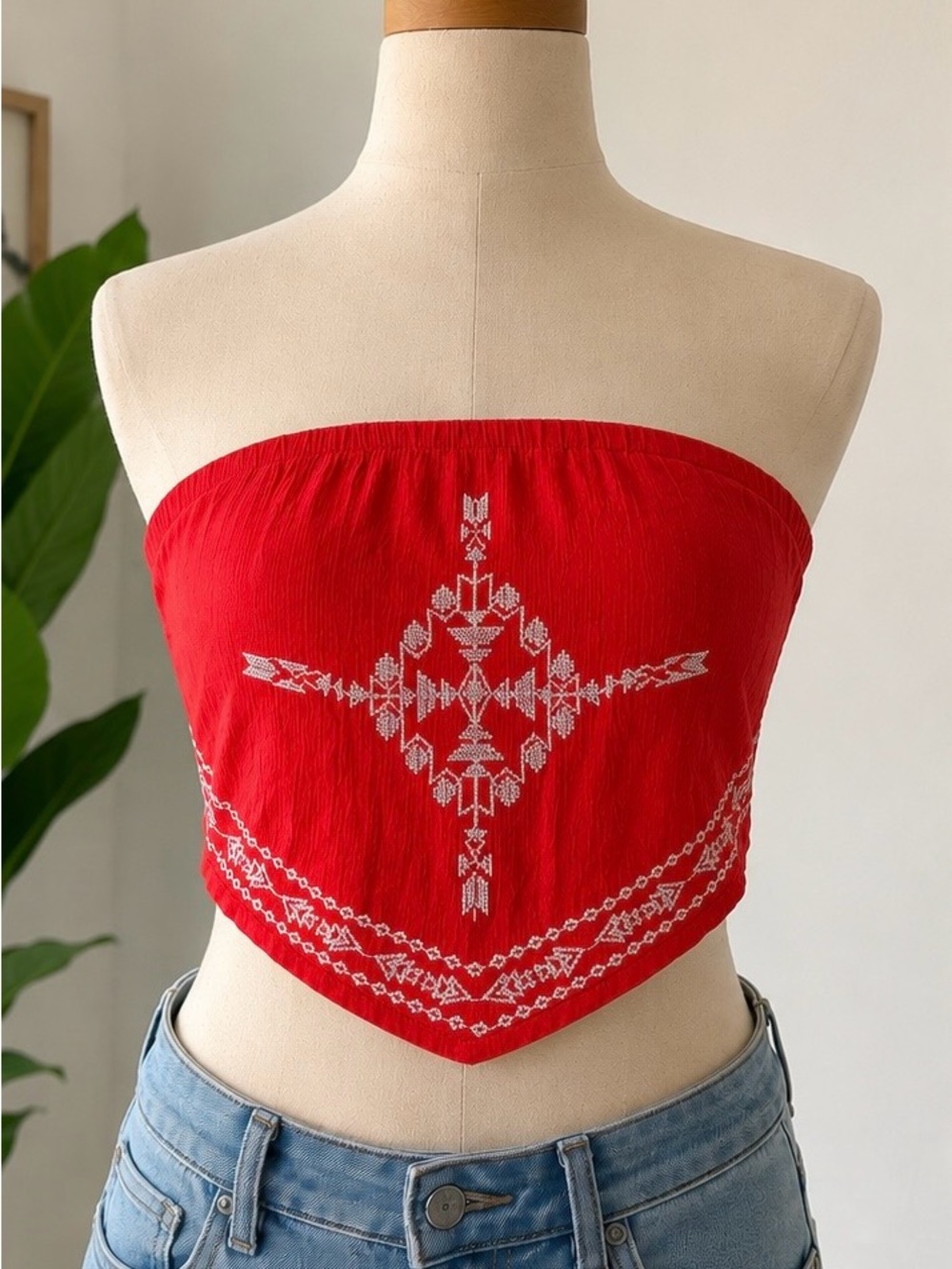 Red Strapless Embroidered Bandana Crop Top - Women's Camisole